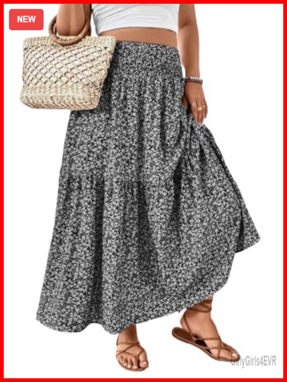 Plus Size Maxi Skirt Smocked High Waisted Flowy A-Line Boho with Pockets